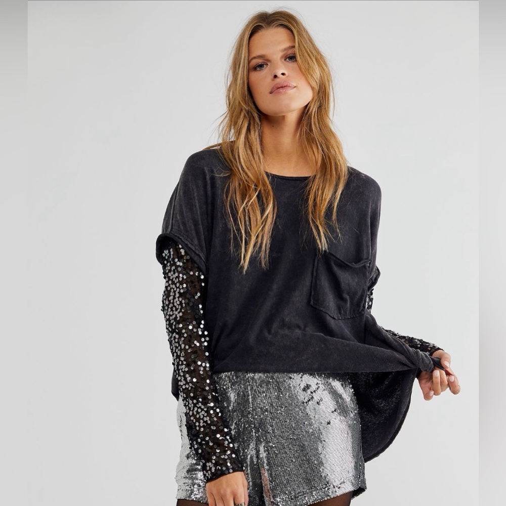 NWT Free People Whimsigoth Celine Sequin Indie Sleaze Long Sleeve Tee size small